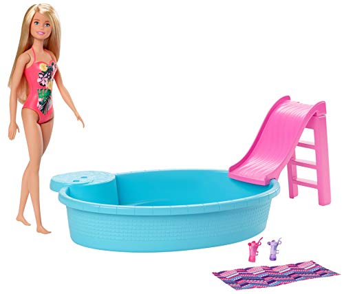 Barbie-Pool, 1x Puppe mit blonden Haaren, Pool und Rutsche, Accessoires, Geschenk für Kinder, Spielzeug ab 3 Jahre,GHL91