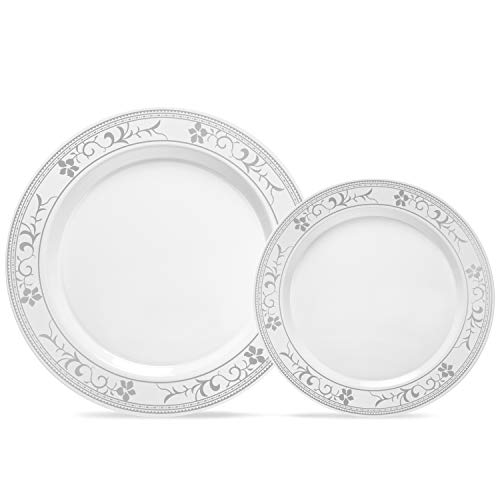 125 Piece Silver Rim Flower Design Dinnerware Set - 25 Guest Tableware Combo Set - Disposable or Reusable - 25 Dinner Plates - 25 Salad Plates or Dessert Plates - 25 Knives - 25 Forks - 25 Spoons - Thumbnail 2