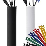 New Design PREMIUM 120" Cable Management Sleeve with Free Zip Ties, Best Cords Organizer Wire Hider Protector for Desk TV PC Home Theater, DIY Adjustable Black - White Neoprene Cord Sleeves