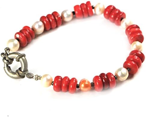 Red Natural Sea Coral &amp; White pearl Silver Bracelet 8"N14061373a