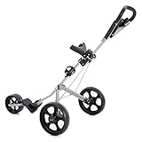 TOMSHOO Golf Cart Foldable 3 Wheels Push Cart Aluminum Pull Cart Trolley with Footbrake System Beverage Holder