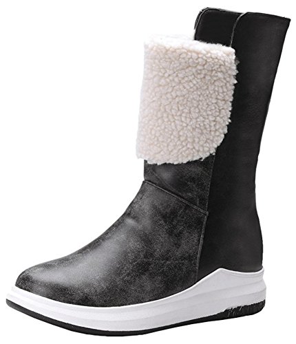 Mofri Women's Trendy Folded Top Splicing Round Toe Platform Pull on Mid Calf Sneaker Boots (Black, 5 B(M) US)