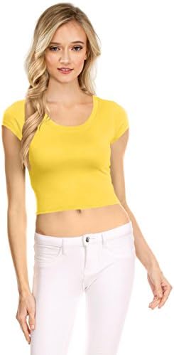 Womens Basic Short Sleeve Scoop Neck Crop Top - USA, T1029, XX-Large, Yellow