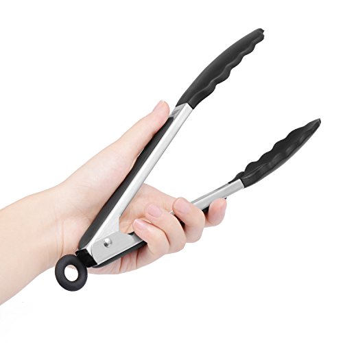 Benewell 2 Pack Kitchen Food Tongs, 9'' & 12'' Stainless Steel Cooking Tongs with Silicone Rubber Tips and Locking Design for Salad, Snake, BBQ, Grilling, Food Serving and More - Black - Thumbnail 2