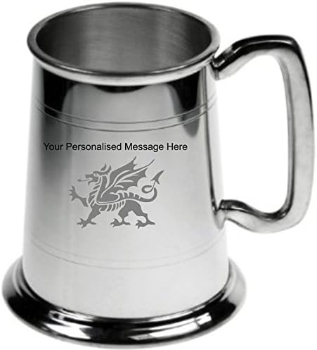 1 Pint Personalised Engraved Double Lined Pewter Tankard With Welsh Dragon Design