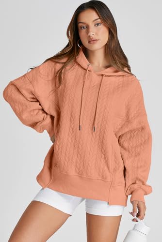 ALVAQ SWEATSHIRT FOR WOMEN FASHION FALL OUTFITS 2024 OVERSIZED TEXTURED SLIT HIGH-LOW DRAWSTRING HOODIES TUNIC PULLOVER TOPS WINTER CLOTHES ORANGE X-LARGE