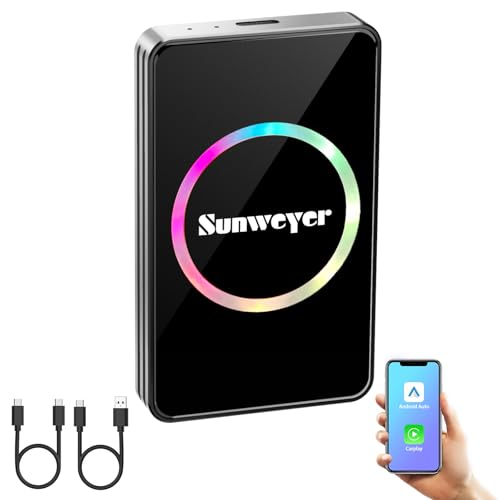 Sunweyer 2025 Wireless CarPlay Adapter for Android Auto Streaming Box SW12 Pro with Netflix, Youtube, Hulu, App Installation - AI Box, Dual WiFi, HDMI, LED Ambient Light (SW12 Pro)