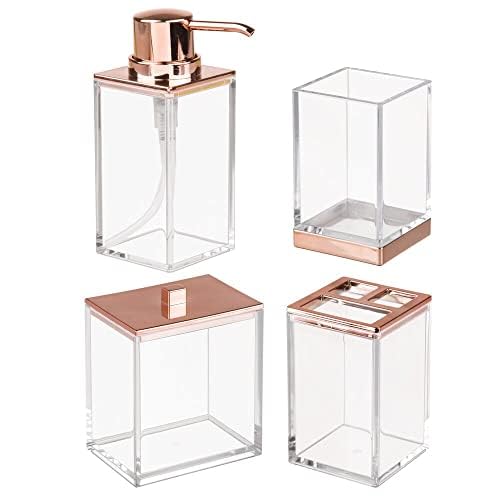 mDesign Plastic Bathroom Vanity Countertop Accessory Set - Includes,Soap Dispenser, Toothbrush Holder, Lidded Canister, and Tumbler Rinsing Cup; Lumiere Collection - Set of 4 - Clear/Rose Gold