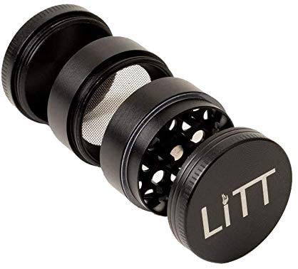 LiTT 4 Piece Mini Grinder - Black Aluminium Grinder with Curved Teeth, Magnetic Top Lid, Kief Pollen Collector. Travel Storage Accessories