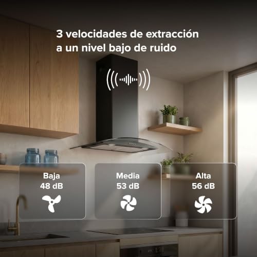 AVERA Campana de cocina 80 cm de pared negra, 3 velocidades, Luz LED, Filtro de carbón activado, Filtro de malla metálica lavable, Acero inoxidable y vidrio templado, Diseño curvo | CEV80N
