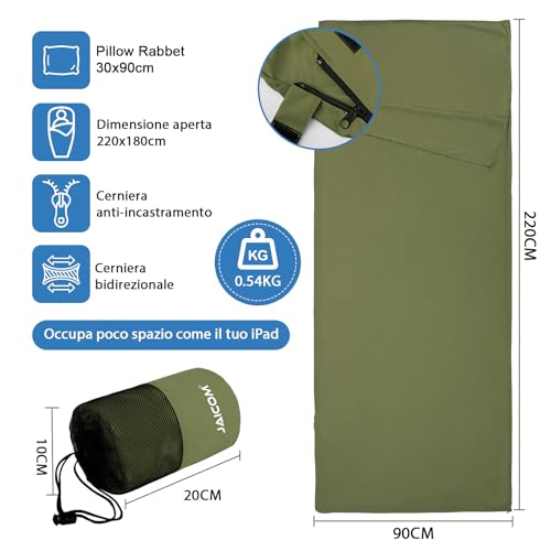 JAICOM c Sleeping Bag, Ultralight and Compact Travel Sheet, 220 x 90 cm, Cotton Sheet Sack, Ideal for Camping, Hiking, Hostel and Business Travel | Sacco Lenzuolo da Viaggio con Scomparto per Cuscino, Ideale per il campeggio, l'escursionismo, l'ostello e i viaggi di lavoro