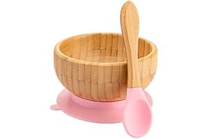 HI BABY MONMENT Baby Bowls and Spoons, Baby Bamboo Bowl and Spoon | Silicone Suction | Bamboo Baby Bowls for Baby | Baby Bowls First Stage | Baby Wood Bowls (Pink)