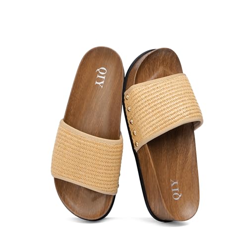 QIY Platform Slides for Women Raffia Slip-on Sandals Natural Nude Size 6.5 at Amazon