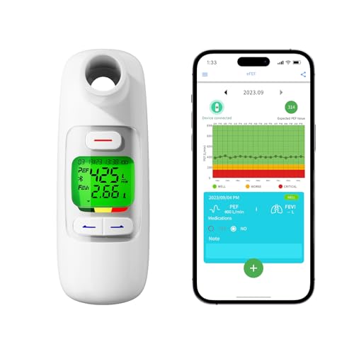 Peak Flow Meter with Bluetooth, App Analysis, PEF FEV1 Mssen, Rechargeable | 300 histotic data, 2 mouthpieces, red, yellow, green risk indicator, for asthma COPD, portable, monitoring lung function