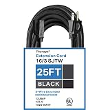Thonapa 25 Ft Black Extension Cord - 16/3 Electrical Cable with 3 Prong Grounded Plug for Safety