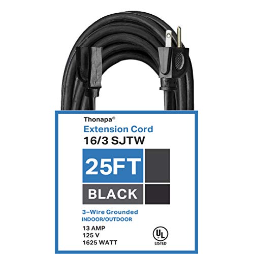 Thonapa 25 Ft Black Extension Cord - 16/3 Electrical Cable with 3 Prong Grounded Plug for Safety