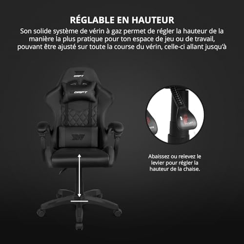 DR35 - Chaise Professionnelle, Similicuir, Accoudoirs rembourrés, Piston Classe 3, Base en Nylon renforcé, Siège inclinable, Hauteur réglable, Coussin Lombaire/Cervical, Noir
