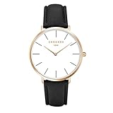 Simple Women Men Quartz Watch PU Leather Strap Ladies Girls Dress WristWatch, Black-Rose Gold