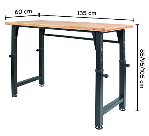 rikta höhenverstellbare Werkbank | höhenverstellbarer Arbeitstisch | ca. 135 (B) x 60 (T) x 85/95/105 (H) cm | Belastbarkeit 200 kg | FSC Holz-Arbeitsplatte – Bild 3
