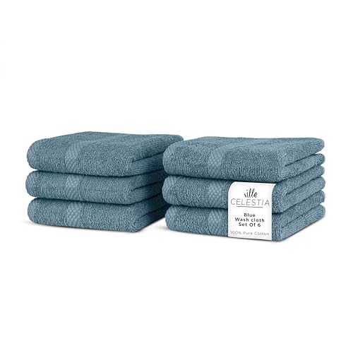 Villa Celestia 100% Cotton Wash Cloth for face & Body Set of 6, (12 x 12 inches) Sustainable, Soft, Highly Absorbent, Combed Cotton Wash Cloths Pack of 6 for Hotels, Spa, Bathroom, Dorm, Blue