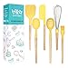 Silicone Cooking Kitchen Utensil Set 6PCS - Nonstick Heat Resistant Cooking Tool with Natural Wooden Handles, Balloon whisk, Slotted Spoon, Soup Ladle, Spatula, Long Scraper and Pastry Brush