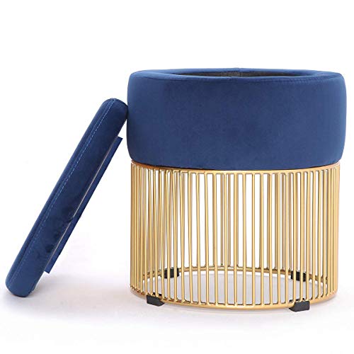 Simhoo Velvet Upholstered Round Vanity Stool/Dressing Makeup Piano Stool with Metal Base-Blue,Ottoman with Storage - Thumbnail 7