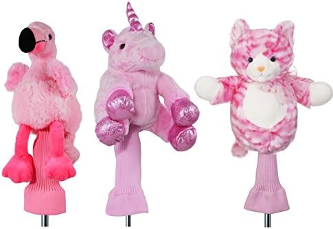 3pc Pink Plush Unicorn Cat Flamingo 460cc Golf Head Covers for Drivers and Woods