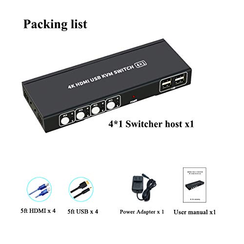HDMI KVM Switch 4 Port with Hot Key Switch, UHD 4K@30Hz 3D 1080P Supported, Sharing by USB Keyboard and Mouse, 4 Input 1 Output, with 4 USB and 4 HDMI Cables - Thumbnail 6