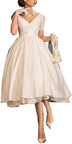 GeSen Vintage Short Wedding Dress With Sleeve Taffeta Lace Bridal Gown Ivory US12