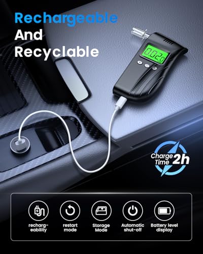 BACZGIF Professional-Grade Accuracy Breathalyzer | Portable Breathalyzers for Alcohol | Alcohol Testers for Personal Use After Drinking | Charging Alcohol Breathalyzer Tester (10 Mouthpieces) (Black)
