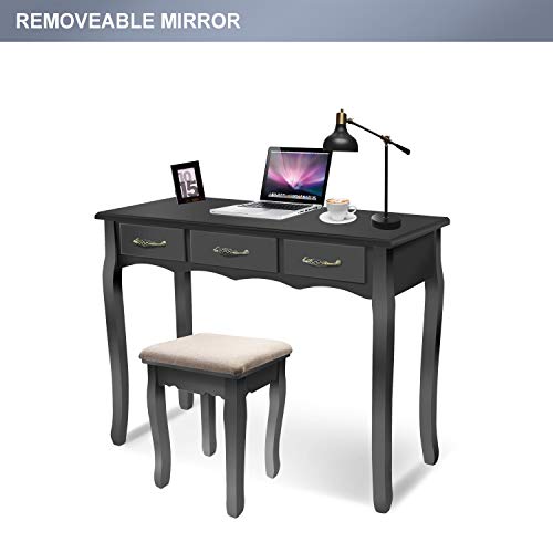LED Vanity Table,7 Drawers Makeup Dressing Table with Cushioned Stool-Black