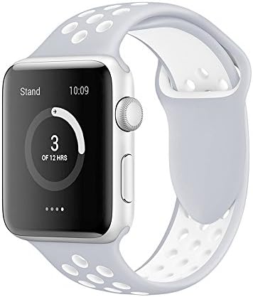 Band4u Apple Watch Band 42mm,Soft Silicone Strap Replacement Wristbands For Apple Watch Sport Series 3 Series 2 Series 1 NIKE+ Sports and Edition (42SM silver/white)