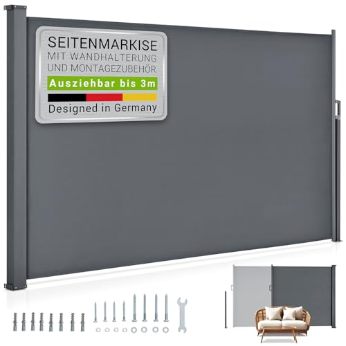 Juskys® Seitenmarkise Dubai 190 x 300 cm ausziehbar Blickdicht, Sichtschutz für Balkon & Terrasse, Seitenrollo mit Wandhalterung - grau