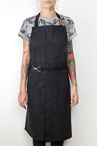 No-Tie Apron - Coated Matte Black Twill - Black Leather - Split-Leg