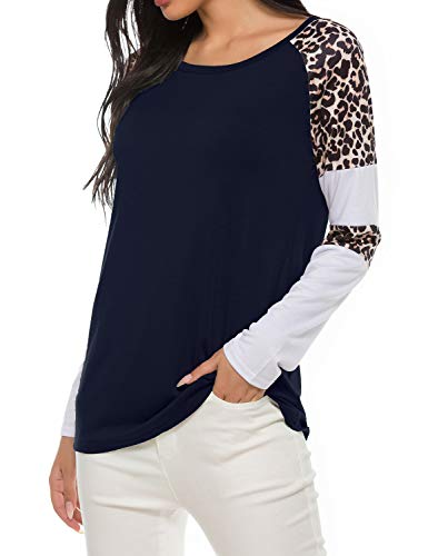 Womens Long Sleeve Tunics for Leggings Fashion Color Block Raglan Shirt Navy Blue M