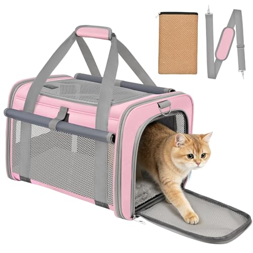 BTNEEU Foldable Cat Carrier Carrier Small Dog Carrier Airline Approved Breathable Carrier Bag with Inner Strap, Washable Soft Cushion and Adjustable Shoulder Strap (Pink)