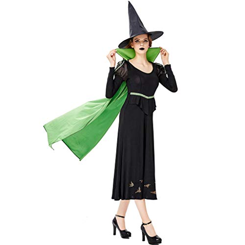 charmsamx Womens Halloween Witch Costume Classic Spellcaster Witch Cosplay Spooky Halloween Clothes Black Casual Dress with Witch Hat and Green Capes for Party Festival