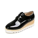 Lucksender Womens Square Toes Lace Up Platform Wedge Heels PU Oxford Shoes