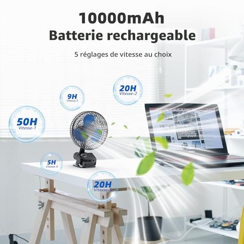 ATEngeus USB Clip Fan, 10000 mAh Rechargeable Battery Fan, 5 Speeds Camping Fan, Multi-Angle Rotation, Timer with Clip and Hook for Baby Stroller, Office