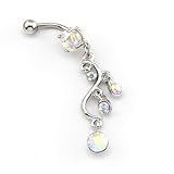 New Fashion 14G Multi-color 5 CZ Gems Long Round Leaf Dangle Navel Ring Belly Bar Button