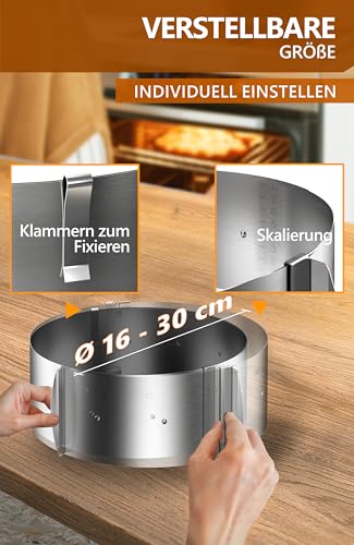4smile Adjustable Cake Ring - Stainless Steel, 8.5 cm High - Made in Germany Cake Ring, Clips for Fixing - Heavy Duty Spring Shaped Replacement Ideal for Cake Creations, 16 to 30 cm, Matt Silver