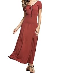 Meaneor - Vestido largo para mujer, cuello redondo, cintura lisa, vestido de verano