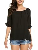 Womens Casual Chiffon Ladies Scoop Neck Half Sleeve Blouse Tops,Black,Small