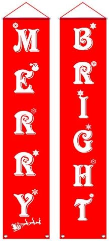 Cozyhoma Merry Bright Banner Christmas Decoration Porch Sign Banner Red Xmas Decor Hanging Banners for Home Wall Door Apartment Party