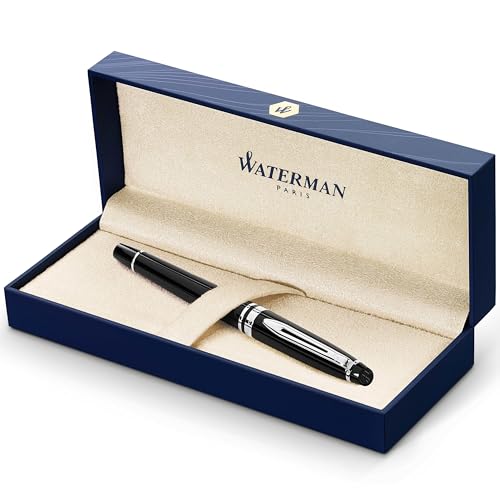 Waterman Expert Tintenroller | Hochglaenzend Schwarz mit Chromzierteile| feine Spitze | Schwarz | Geschenkbox