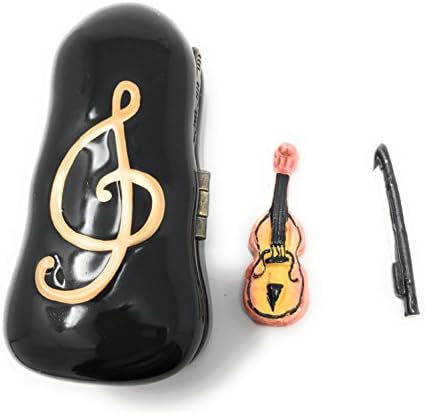 Violin Case Porcelain Hinged Lid Trinket Box with Tiny Violin and Bow Trinket Inside, By ArtGifts, 3"L
