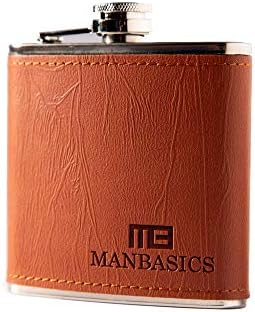 ManBasics Gifts for Guys - Leather Flask for Men - Stainless Steel 6 oz. Liquor Flask - Whiskey Flask with Pour Funnel - Nifty Flask Cool Mens Gift