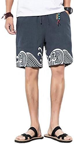 Piite メンズ 水着 ショートパンツ 夏 海パン 五分ズボン サーフパンツ ゴムウエスト短パン 綿麻 プリント カジュアル おしゃれ 民族風 ビーチパンツ 通気 ゆったり 無地 リゾート