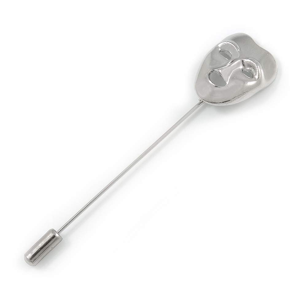 Silver Tone Theatrical Mask Lapel, Hat, Suit, Tuxedo, Collar, Scarf, Coat Stick Brooch Pin - 75mm L