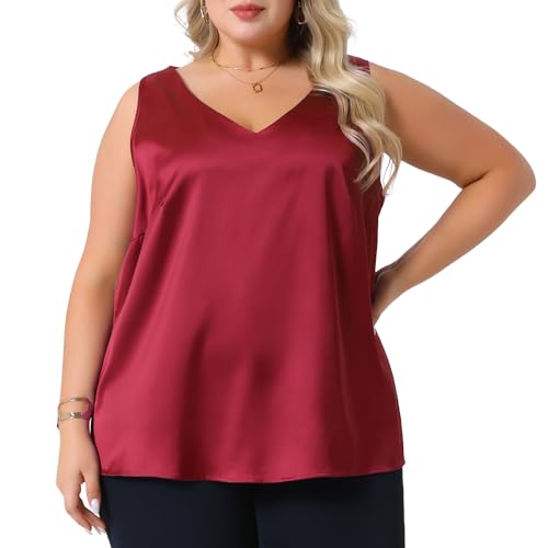 Agnes Orinda Plus Size Silk Satin Tank Tops for Women V Neck Casual Cami Sleeveless Blouses Summer Basic Camisole 3X Burgundy at Amazon